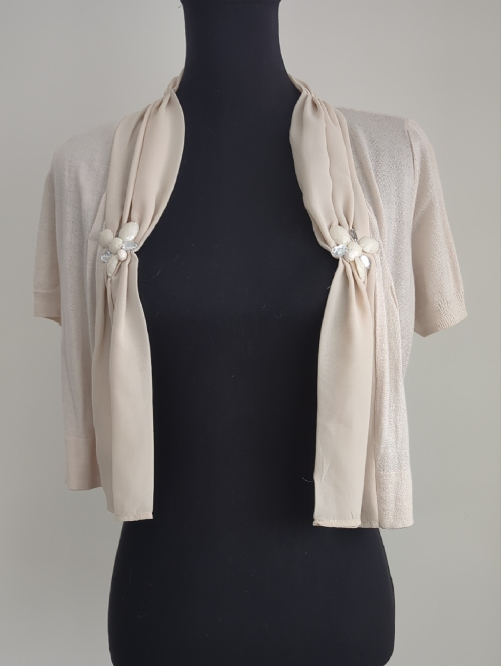 The Limited Cream Short Sleeve Shrug with Draped Scarf and Bead Accents - Picture 3 of 14